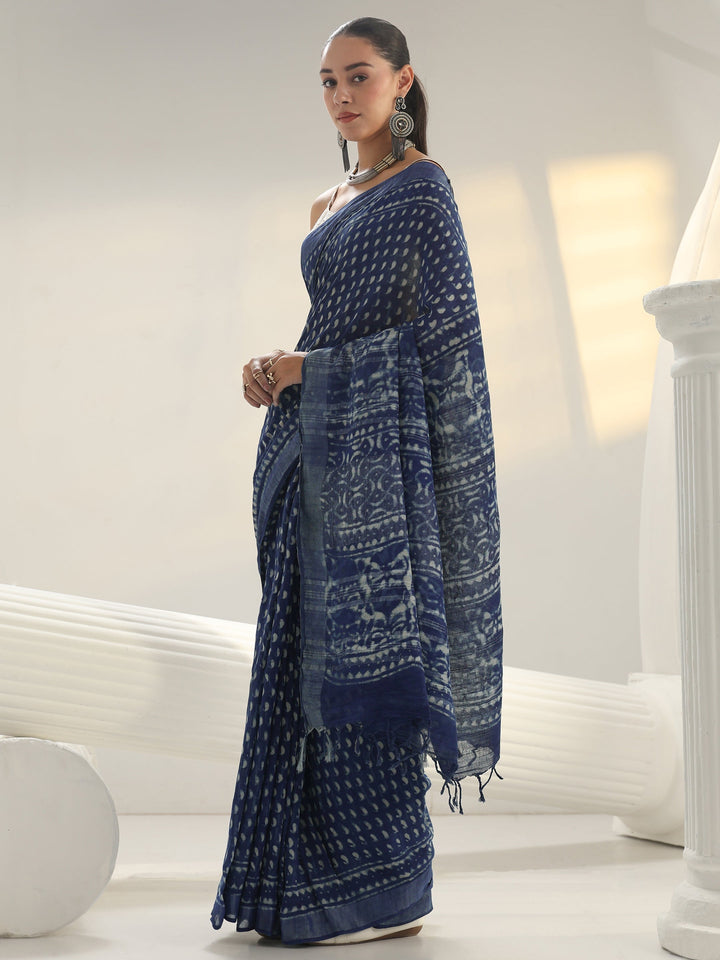 Indigo Dabu Print Cotton Saree