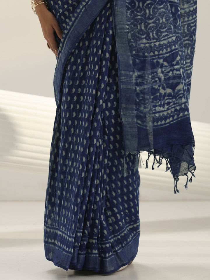 Indigo Dabu Print Cotton Saree
