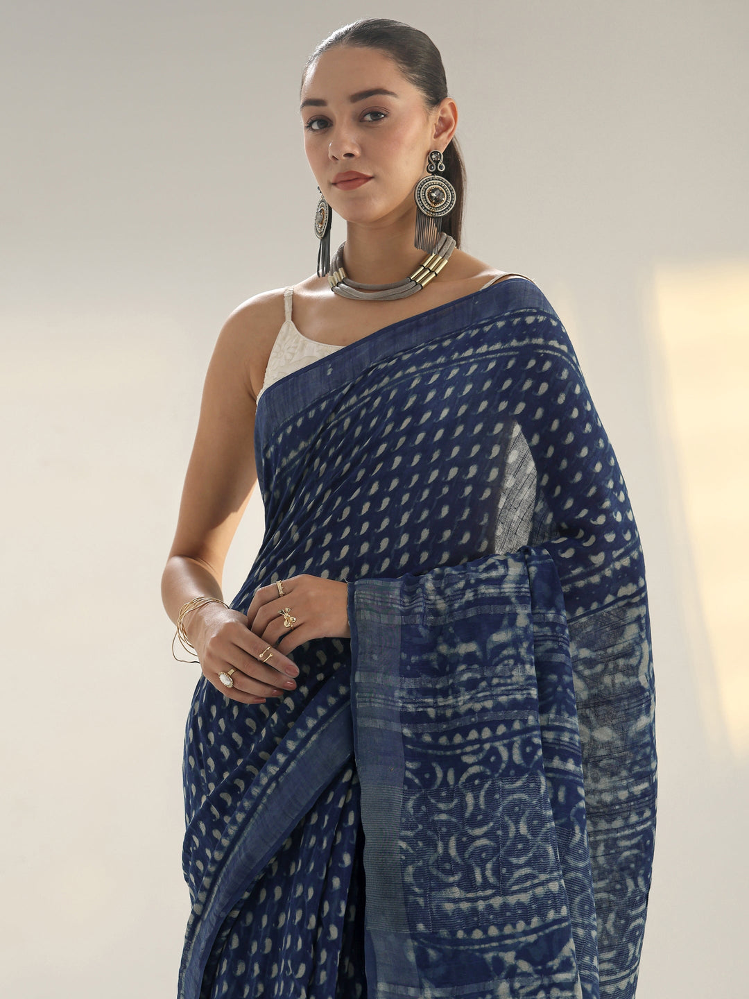 Indigo Dabu Print Cotton Saree