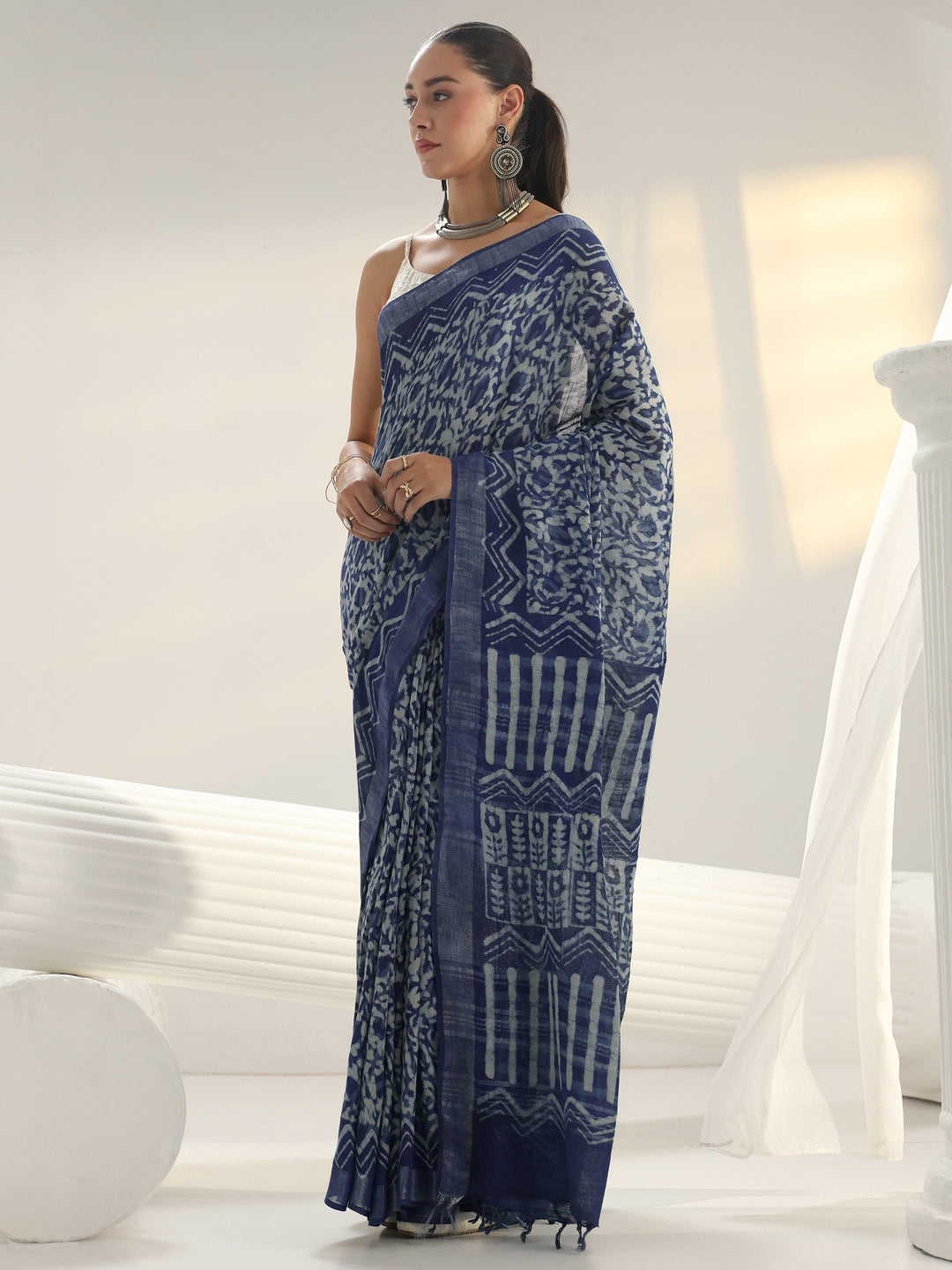 Indigo Dabu Print Cotton Saree