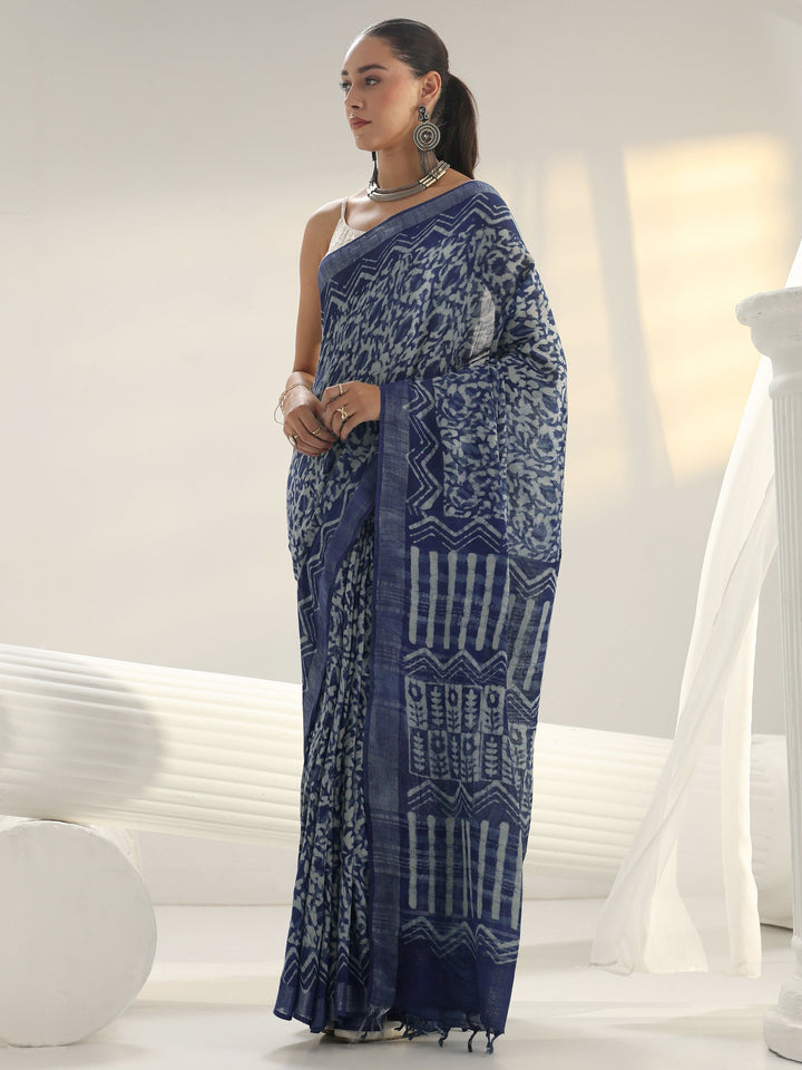 Indigo Dabu Print Cotton Saree