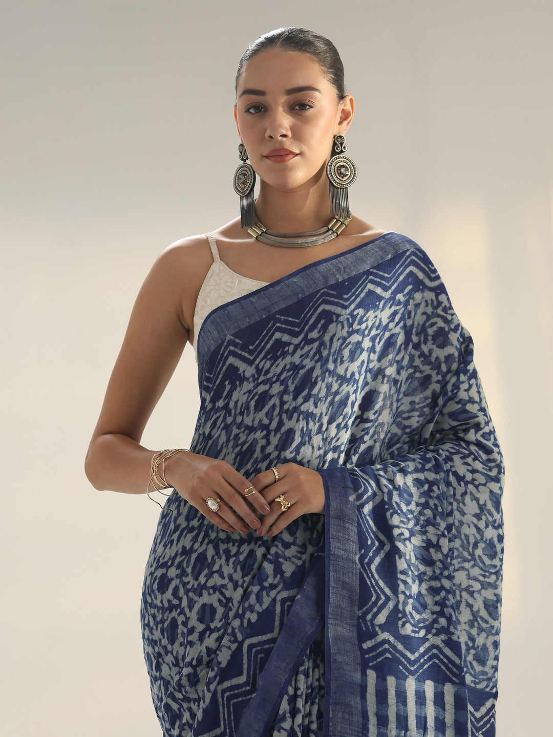 Indigo Dabu Print Cotton Saree