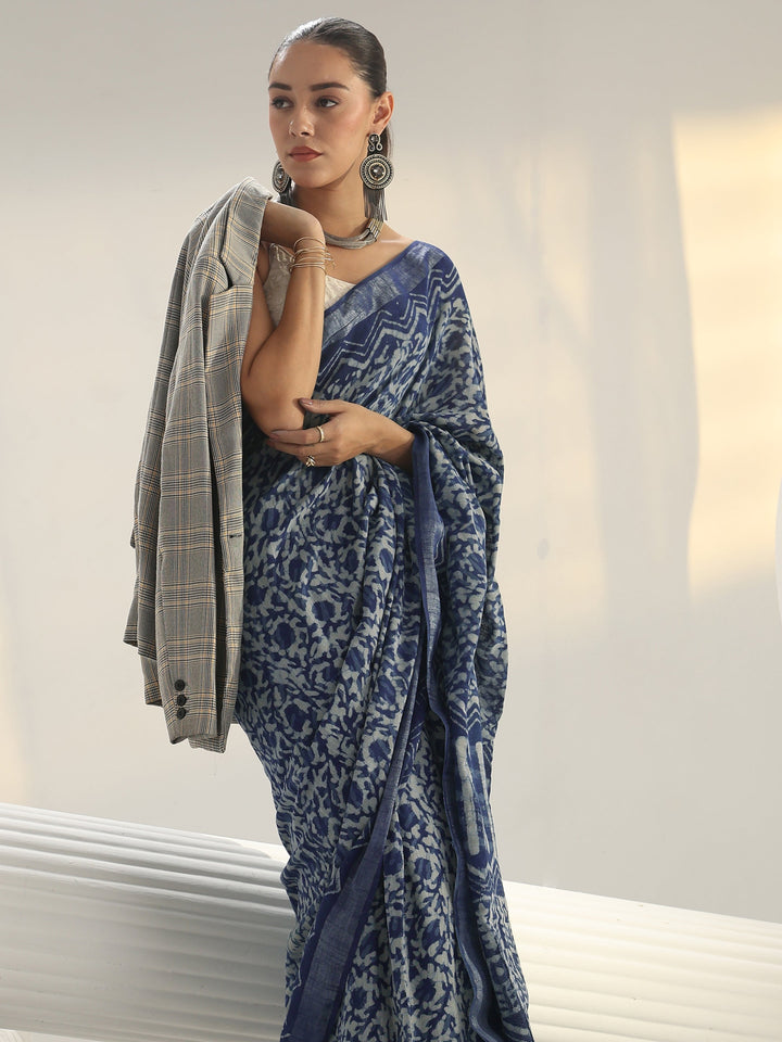 Indigo Dabu Print Cotton Saree