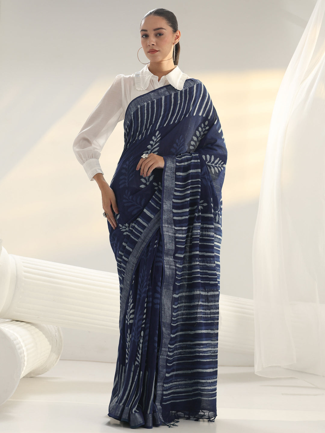 Indigo Dabu Print Cotton Saree