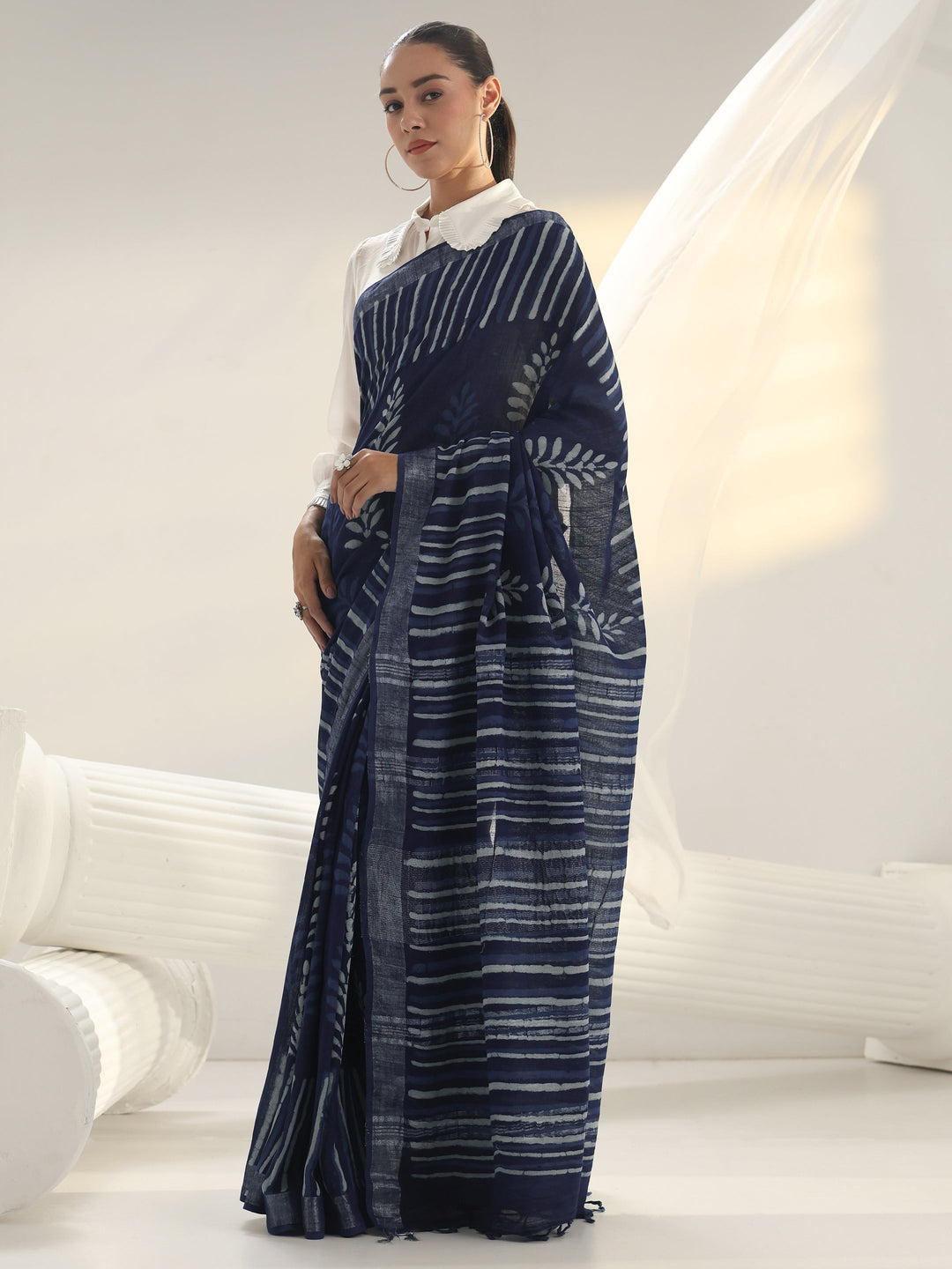 Indigo Dabu Print Cotton Saree