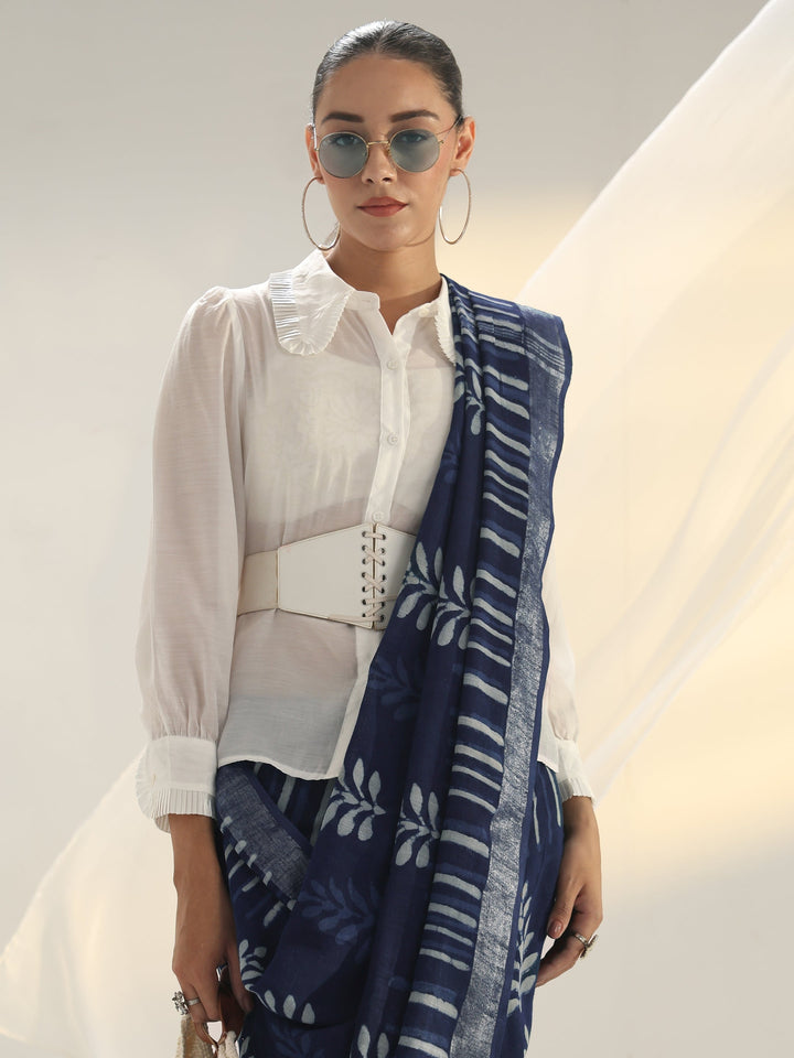 Indigo Dabu Print Cotton Saree