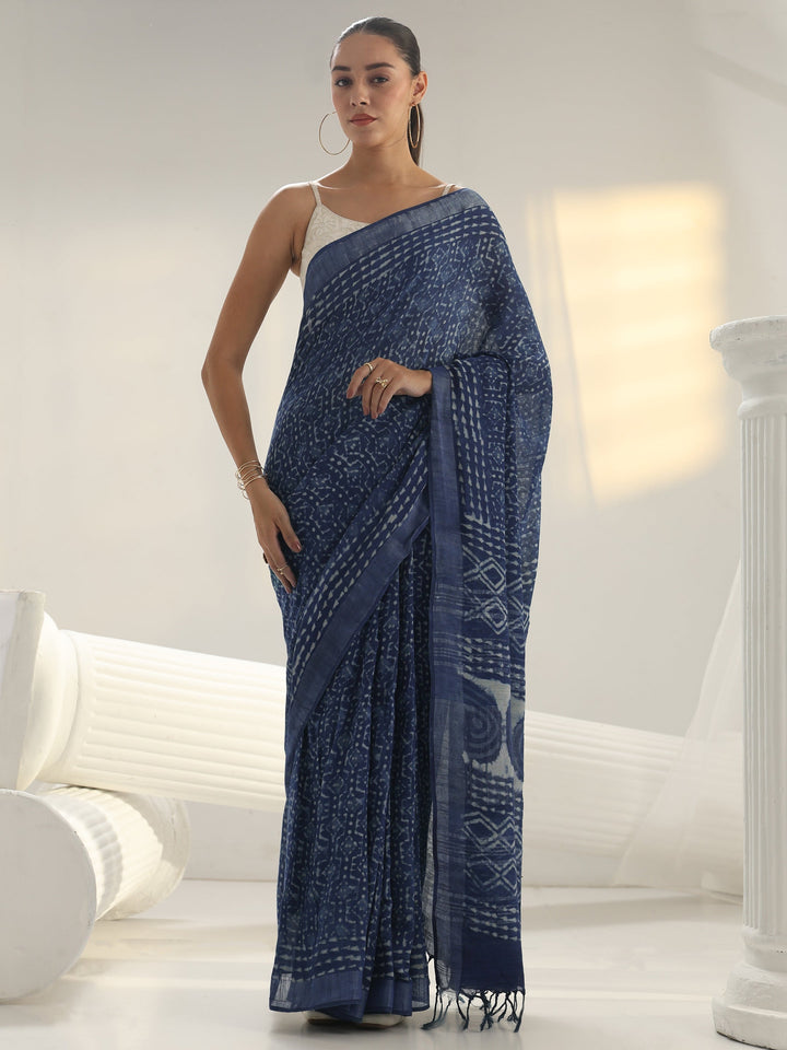 Indigo Dabu Print Cotton Saree