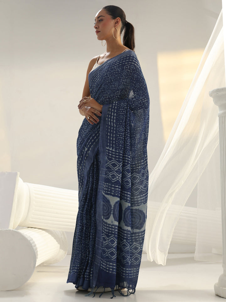 Indigo Dabu Print Cotton Saree