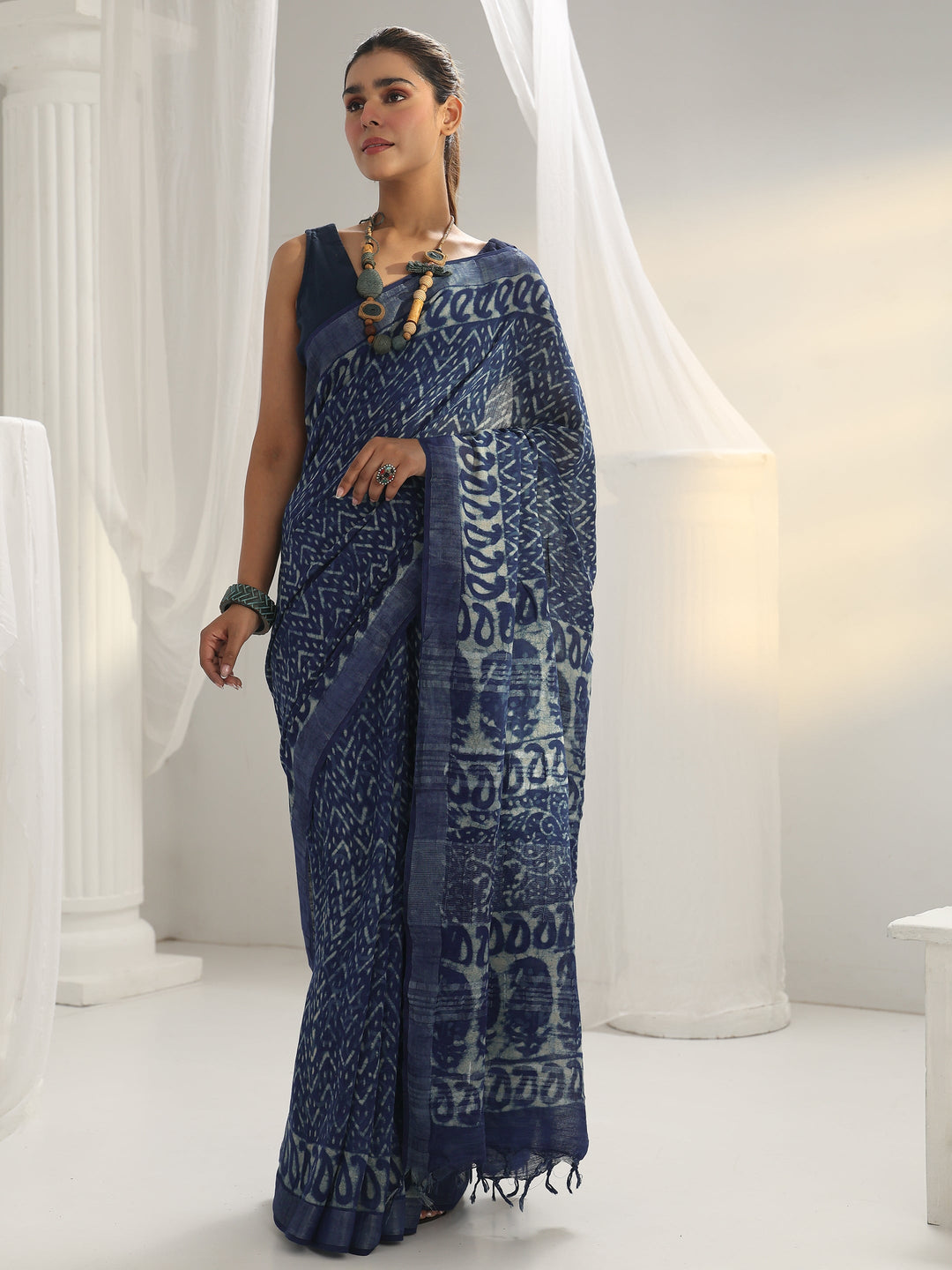 Indigo Dabu Print Cotton Saree