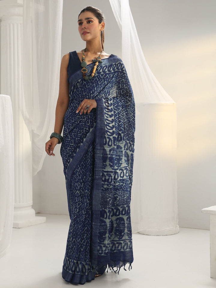 Indigo Dabu Print Cotton Saree