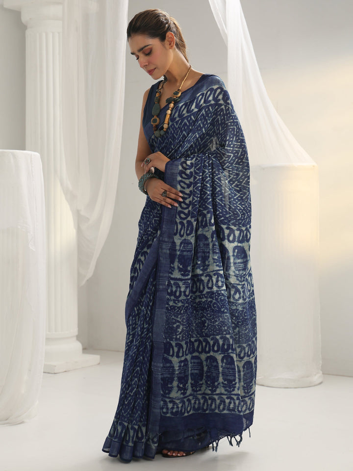 Indigo Dabu Print Cotton Saree