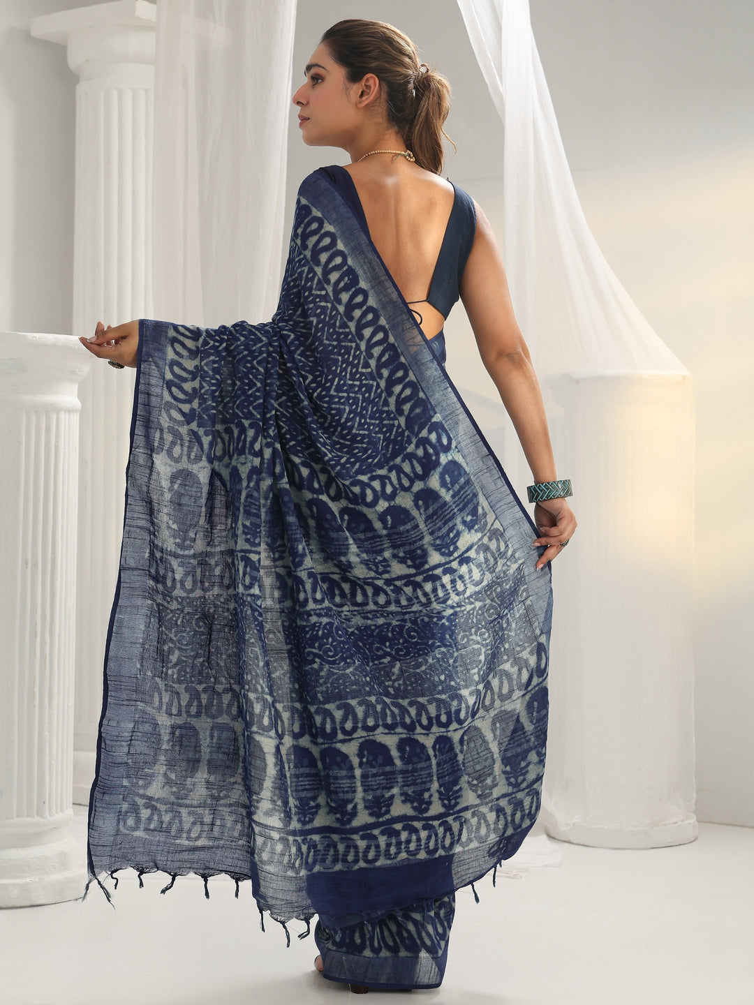 Indigo Dabu Print Cotton Saree