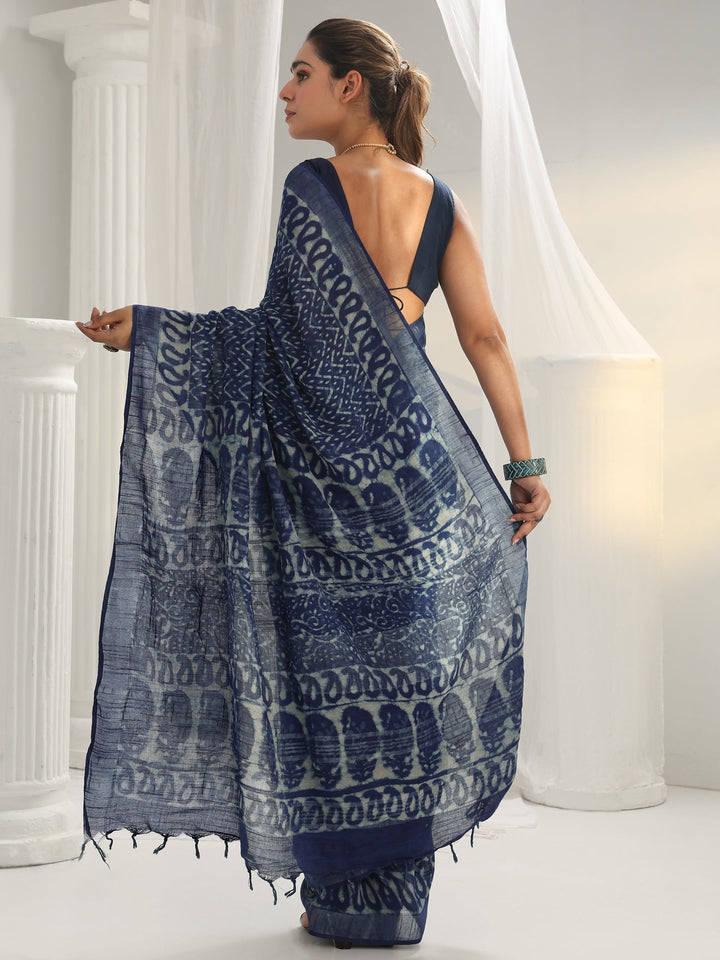 Indigo Dabu Print Cotton Saree