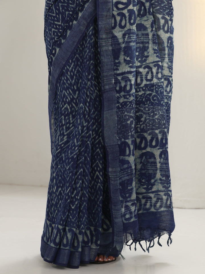 Indigo Dabu Print Cotton Saree