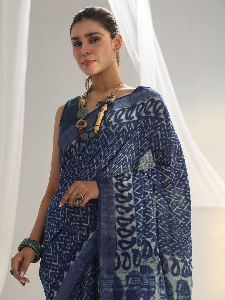 Indigo Dabu Print Cotton Saree