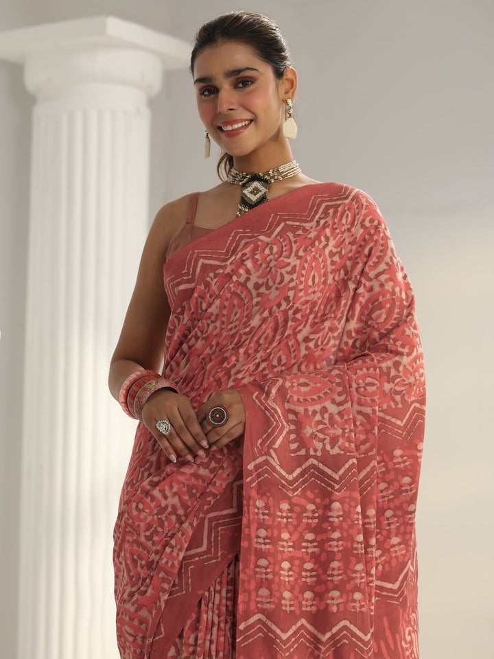 Pink Batik Print Cotton Saree
