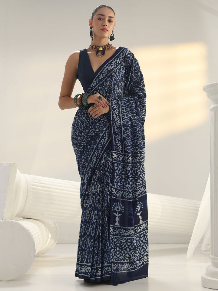 Indigo Dabu Print Cotton Saree