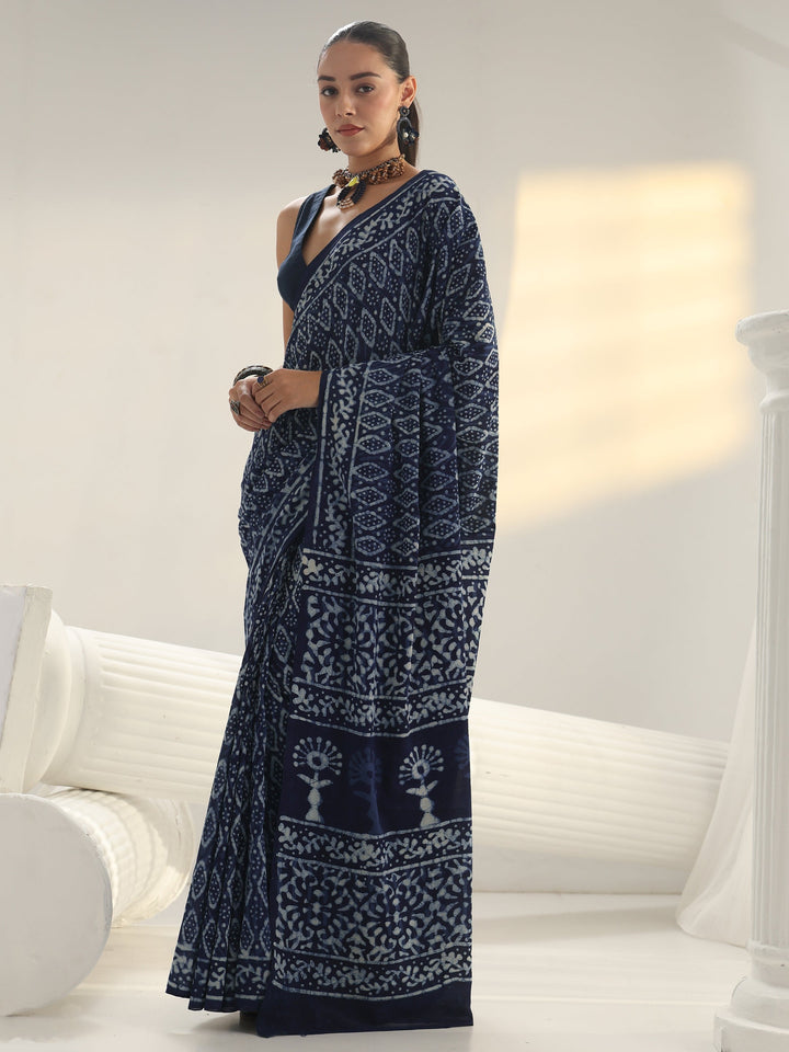 Indigo Dabu Print Cotton Saree
