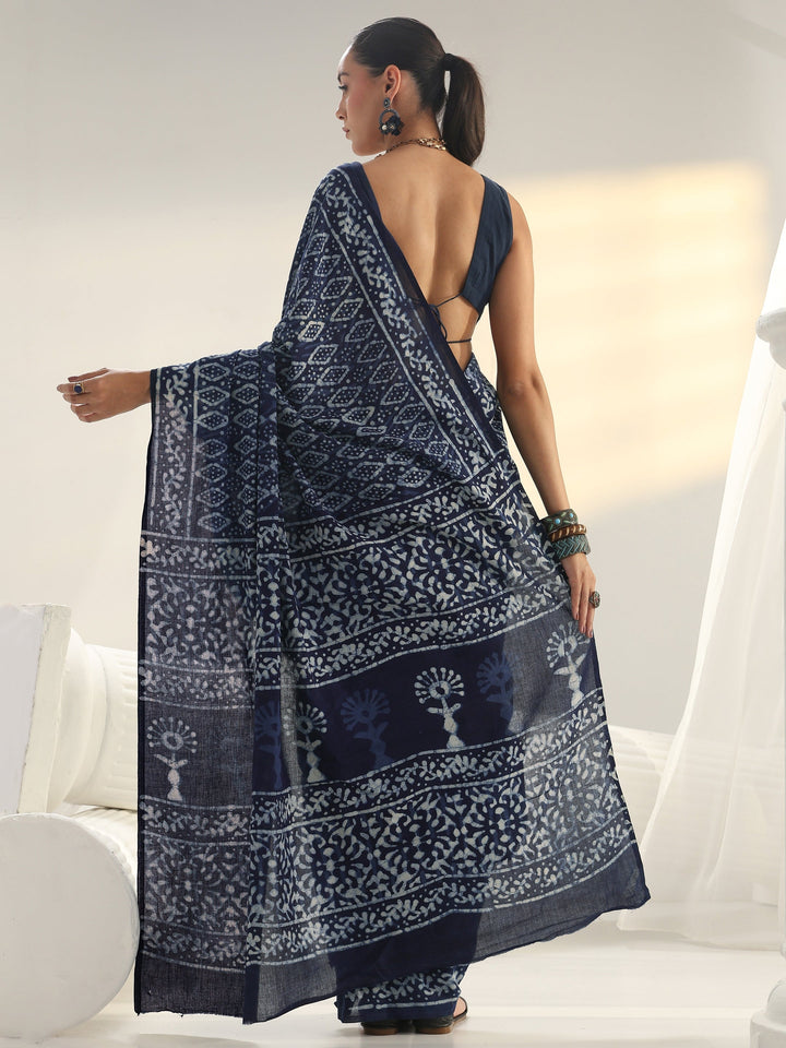 Indigo Dabu Print Cotton Saree