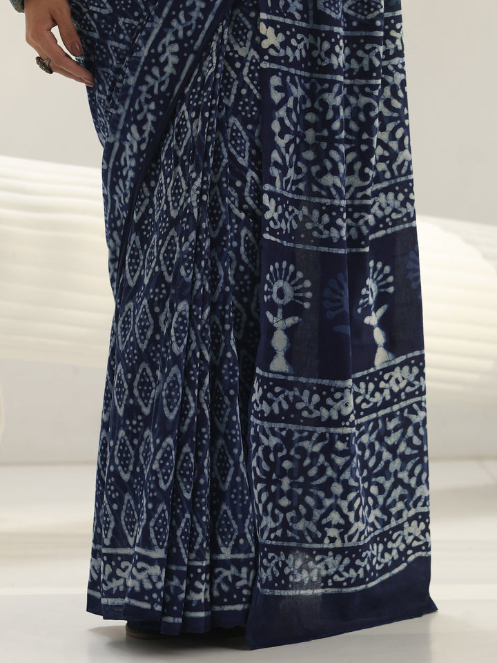Indigo Dabu Print Cotton Saree
