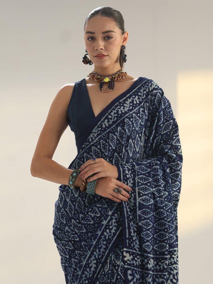 Indigo Dabu Print Cotton Saree