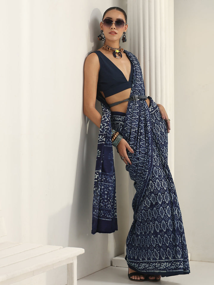 Indigo Dabu Print Cotton Saree