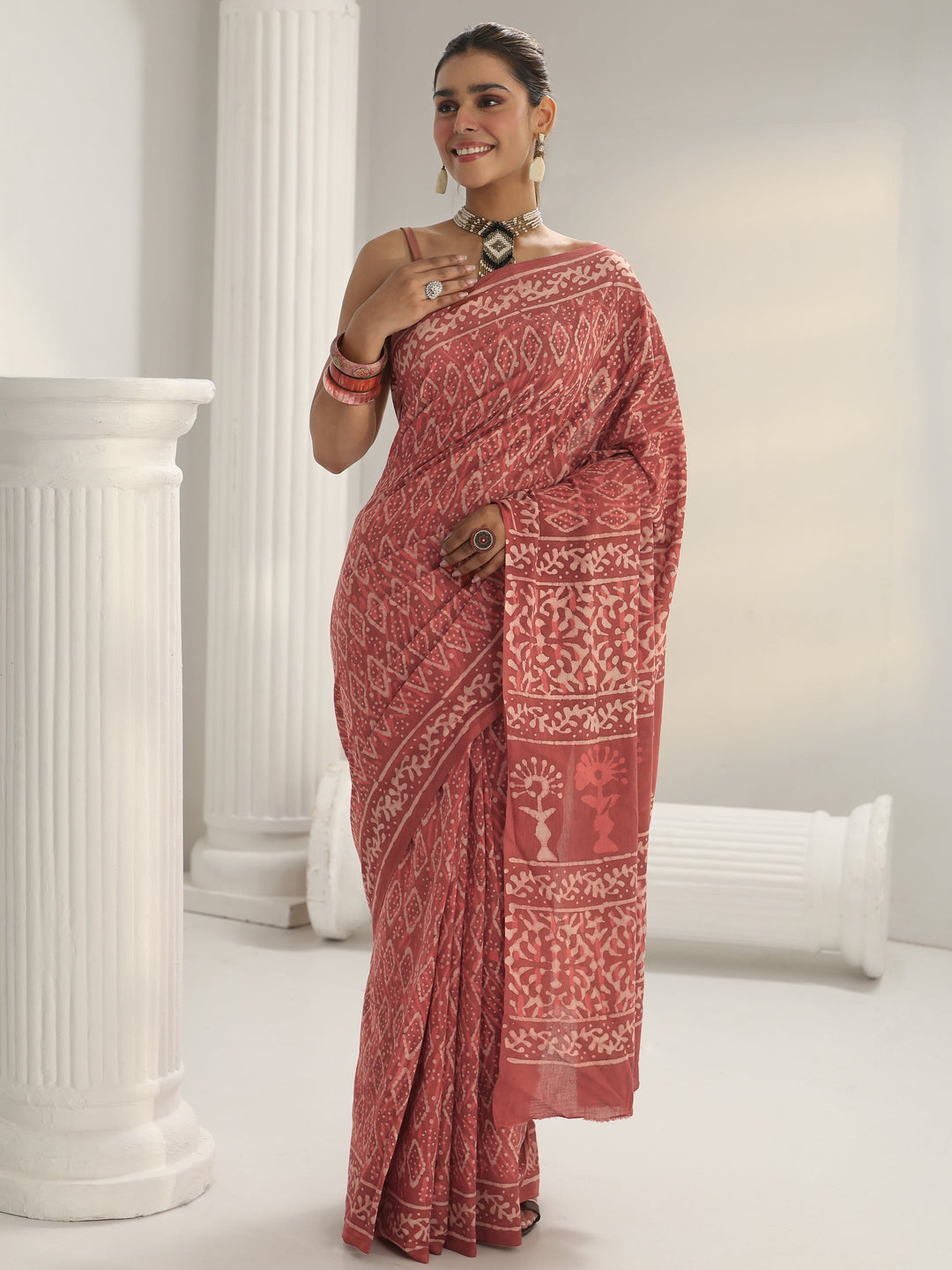 Pink Dabu Print Cotton Saree