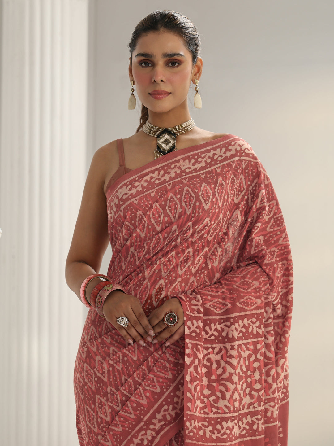Pink Dabu Print Cotton Saree