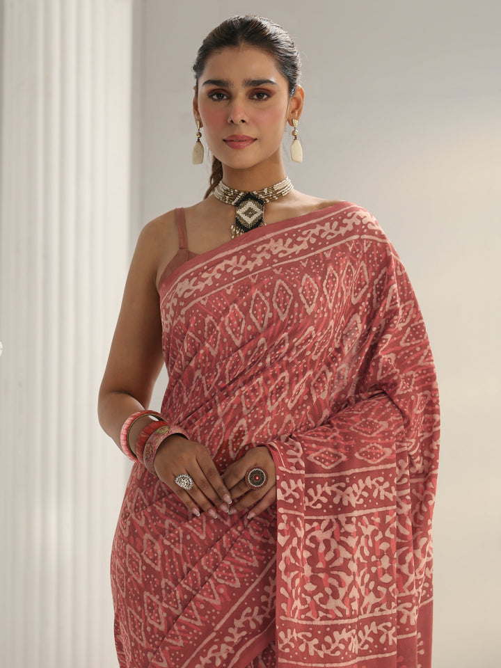 Pink Dabu Print Cotton Saree