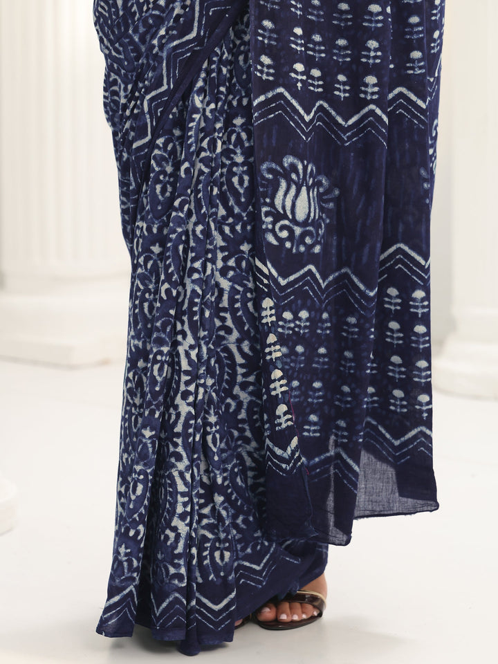 Indigo Batik Print Cotton Saree