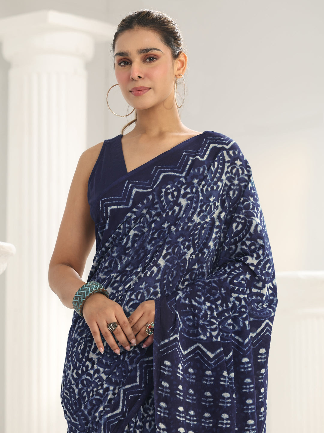 Indigo Batik Print Cotton Saree
