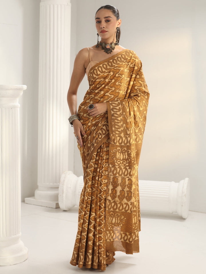 Mustard Batik Print Cotton Saree