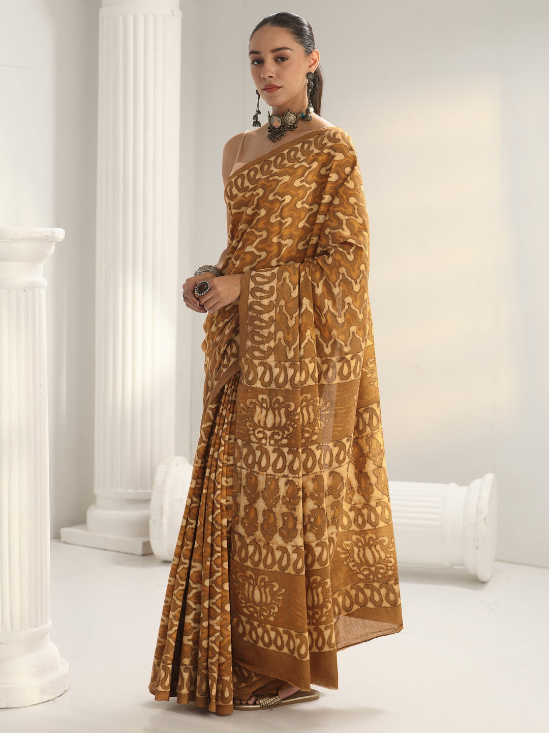 Mustard Batik Print Cotton Saree