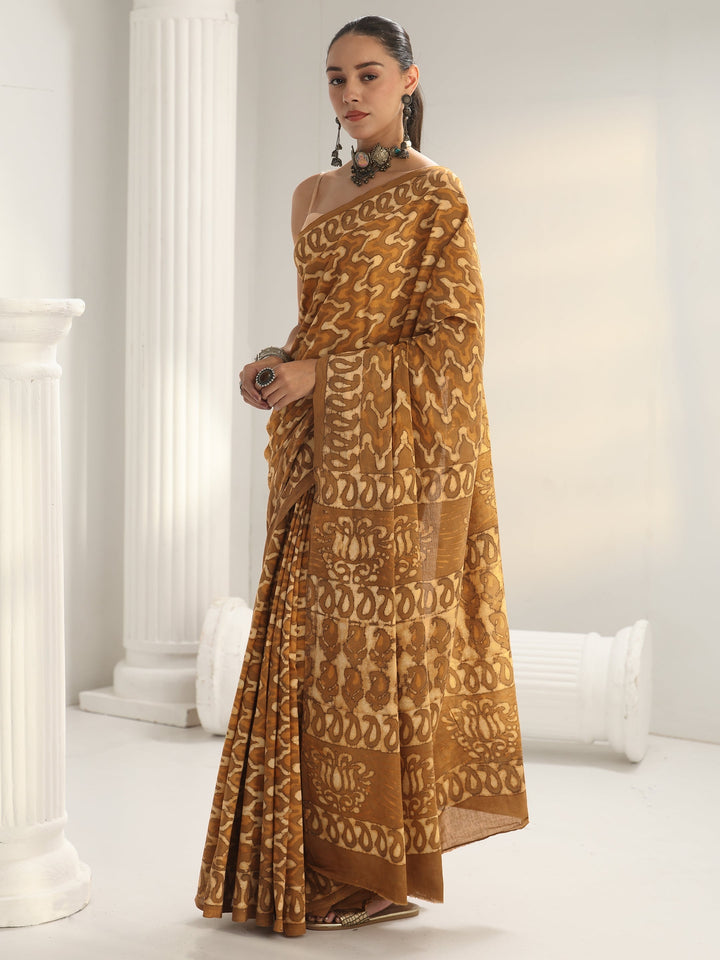 Mustard Batik Print Cotton Saree