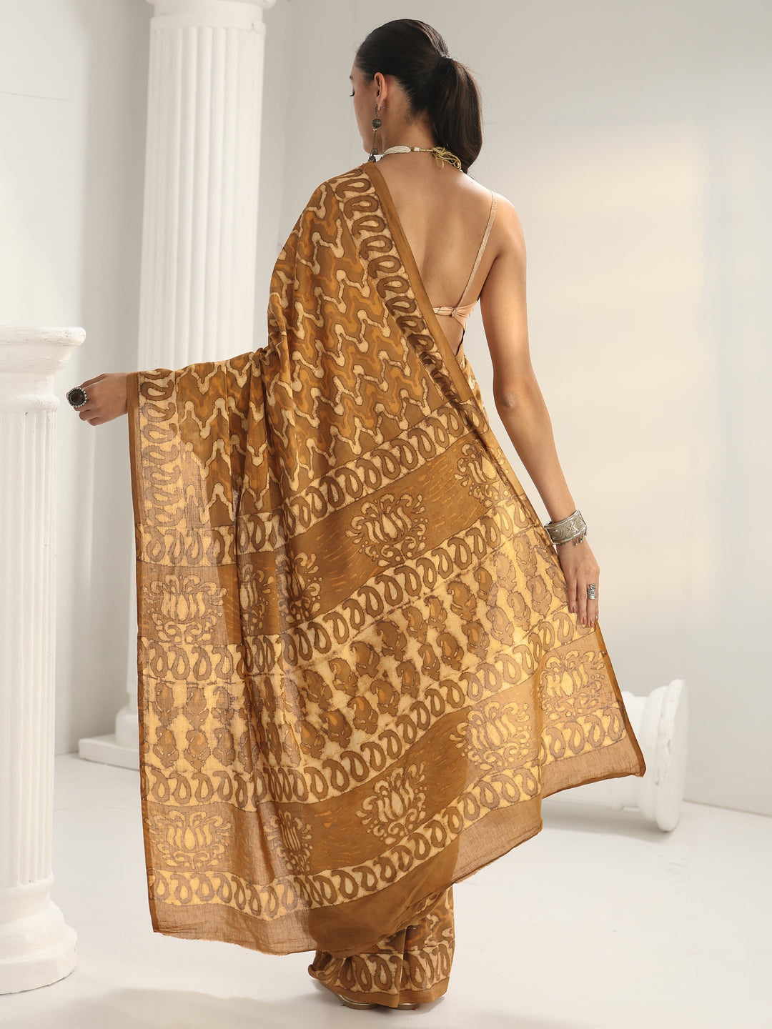 Mustard Batik Print Cotton Saree