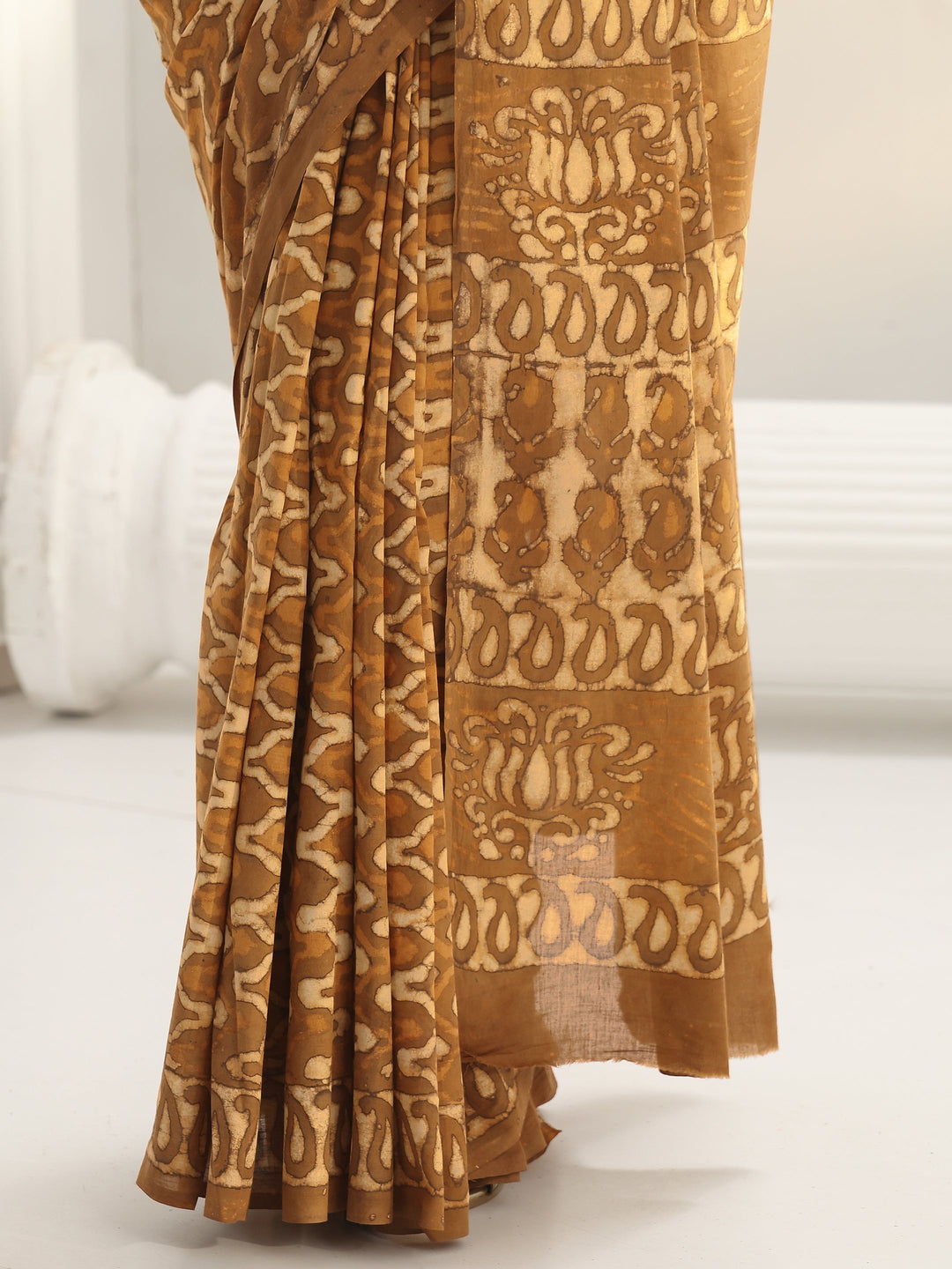 Mustard Batik Print Cotton Saree