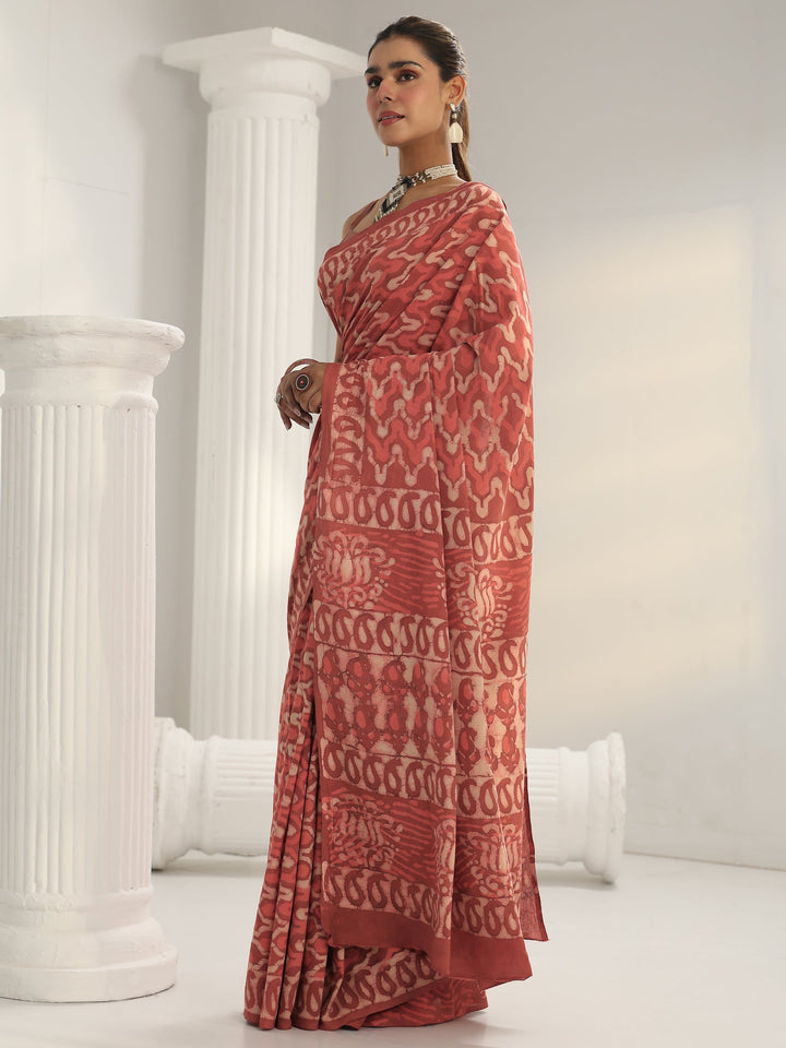 Peach Batik Print Cotton Saree
