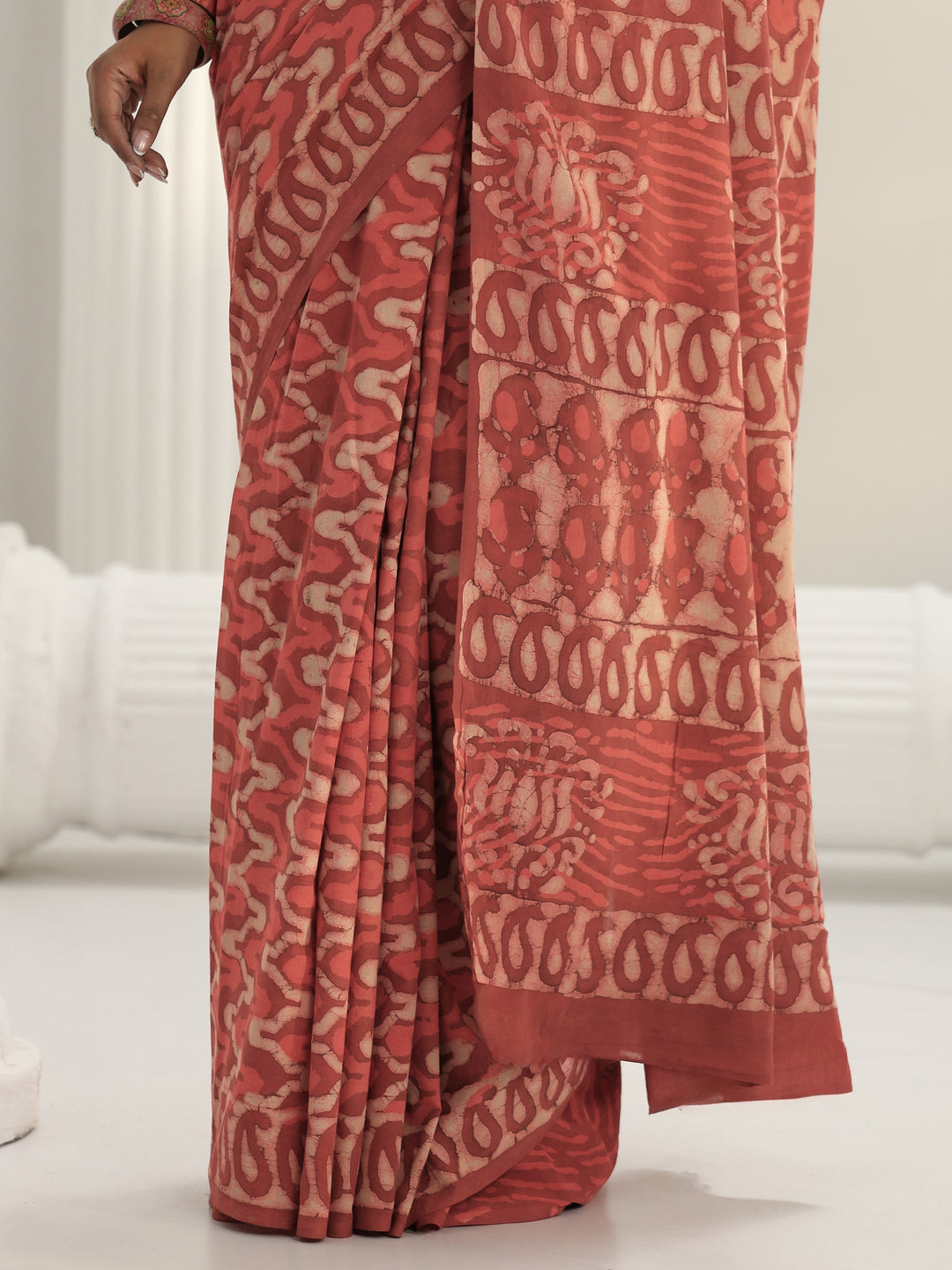 Peach Batik Print Cotton Saree