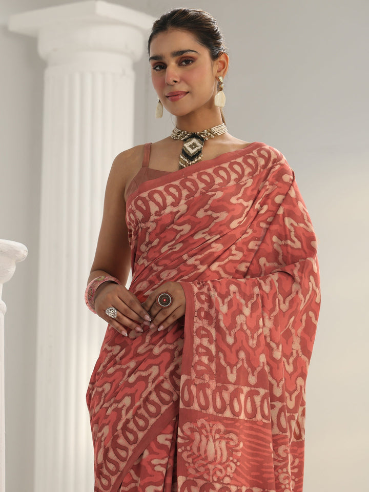 Peach Batik Print Cotton Saree