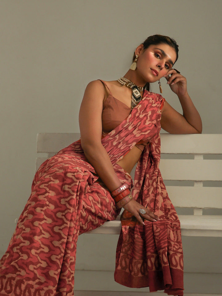 Peach Batik Print Cotton Saree
