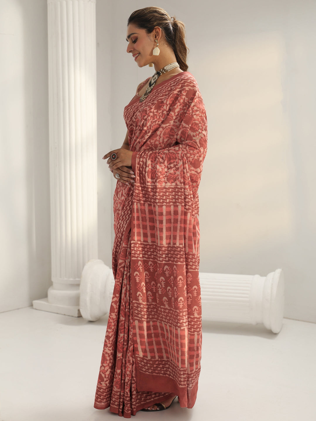 Peach Batik Print Cotton Saree