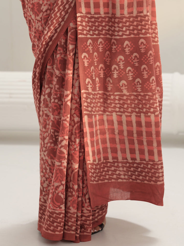 Peach Batik Print Cotton Saree