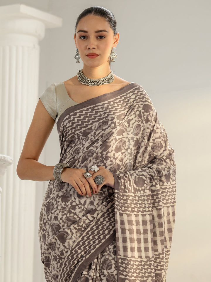 Grey Batik Print Cotton Saree