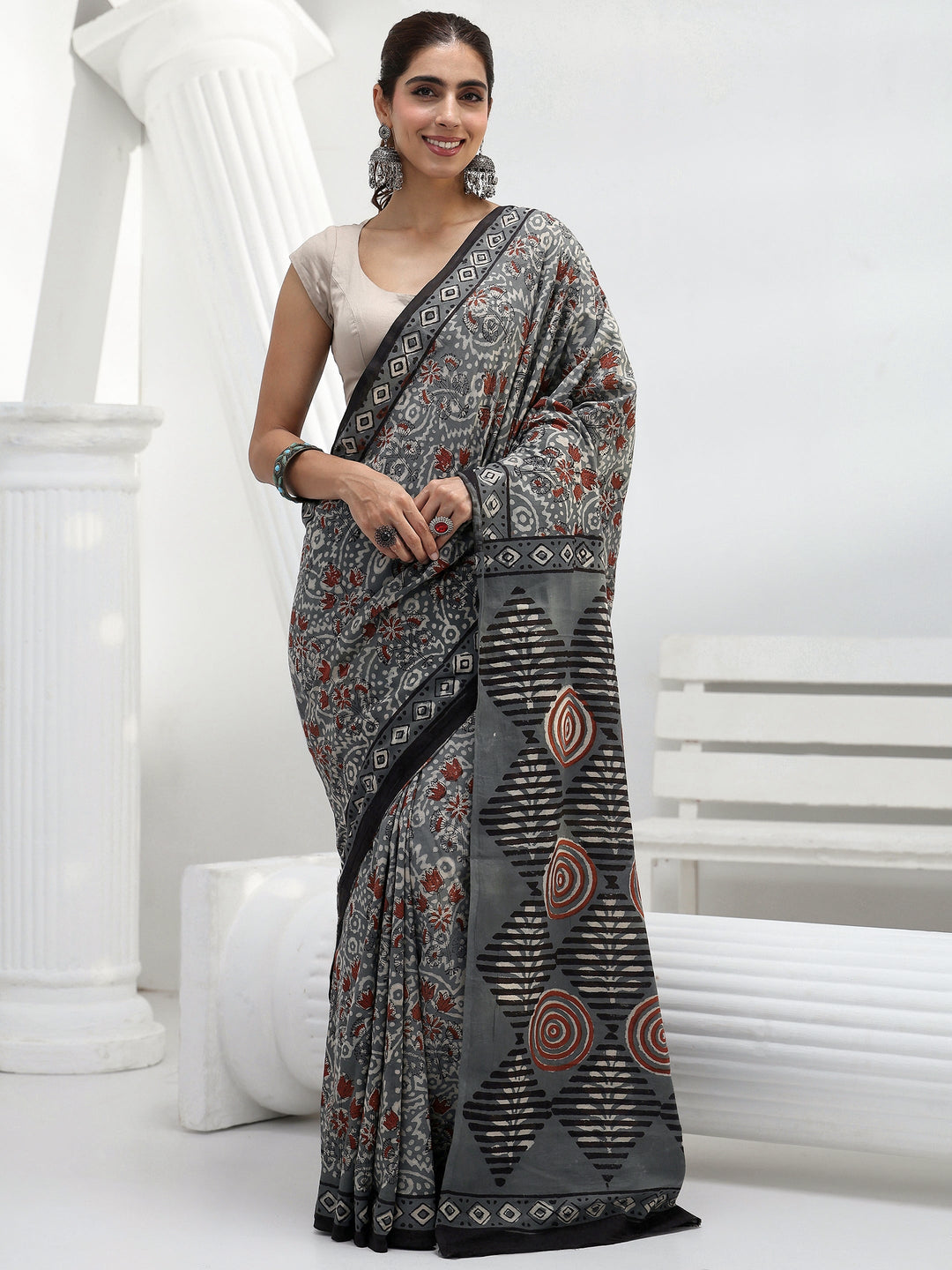 Charcoal Grey Swirl Printed Cotton Saree