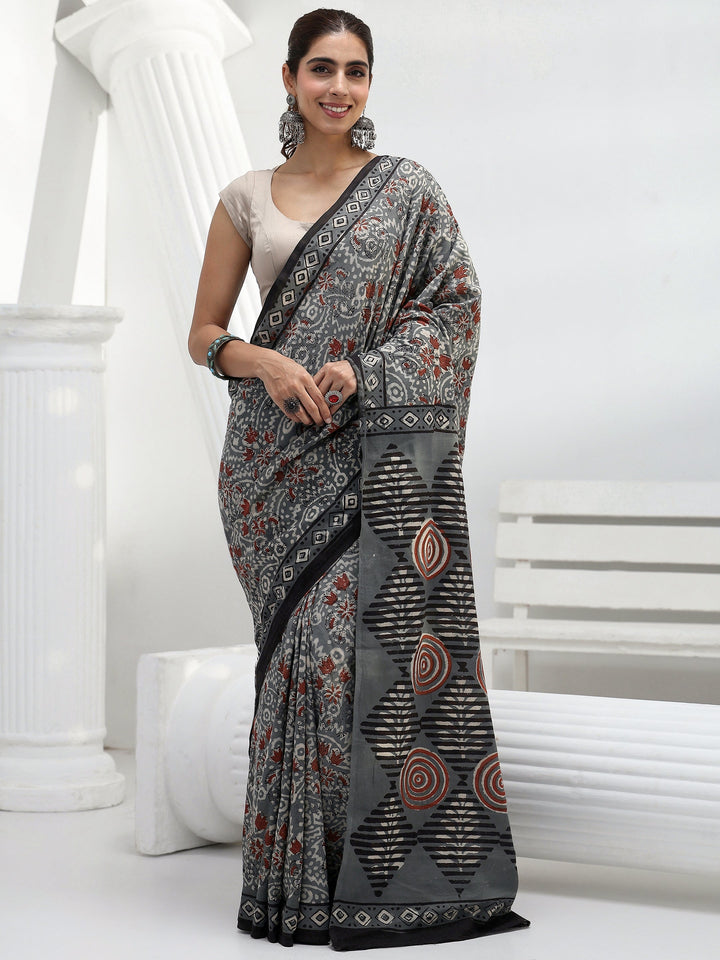 Charcoal Grey Swirl Printed Cotton Saree