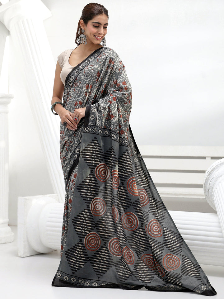 Charcoal Grey Swirl Printed Cotton Saree