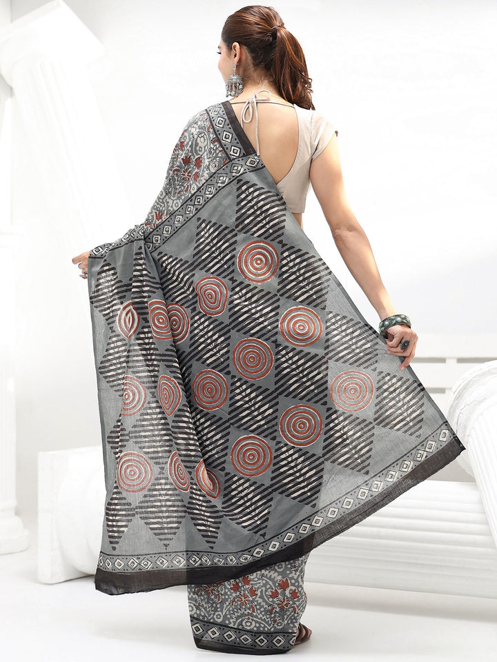 Charcoal Grey Swirl Printed Cotton Saree