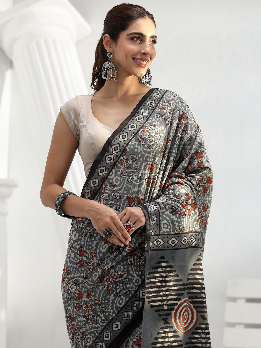 Charcoal Grey Swirl Printed Cotton Saree