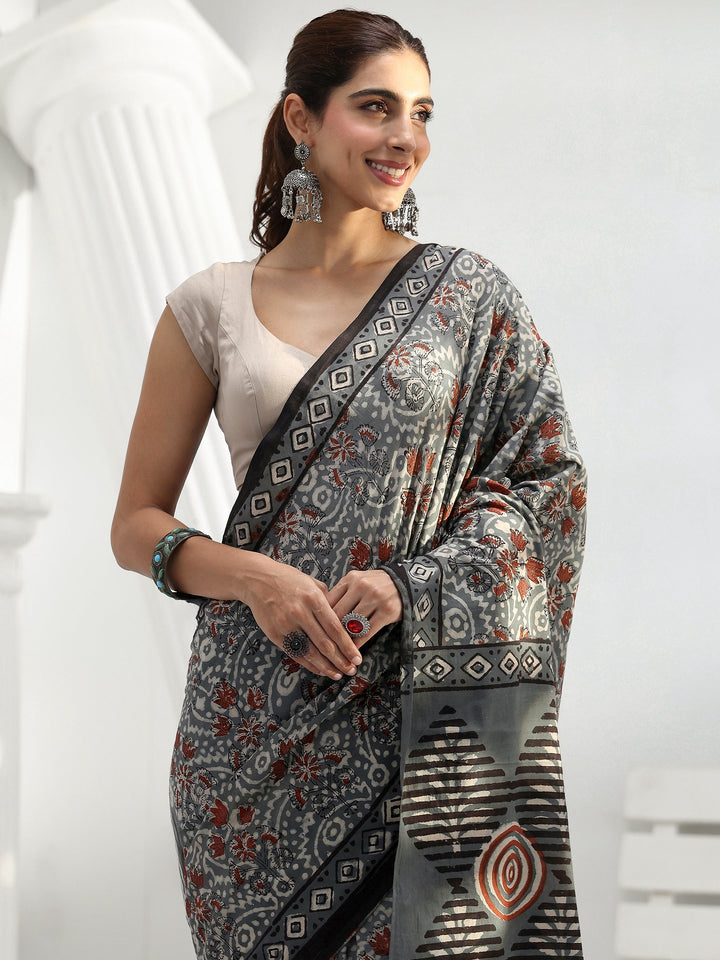 Charcoal Grey Swirl Printed Cotton Saree