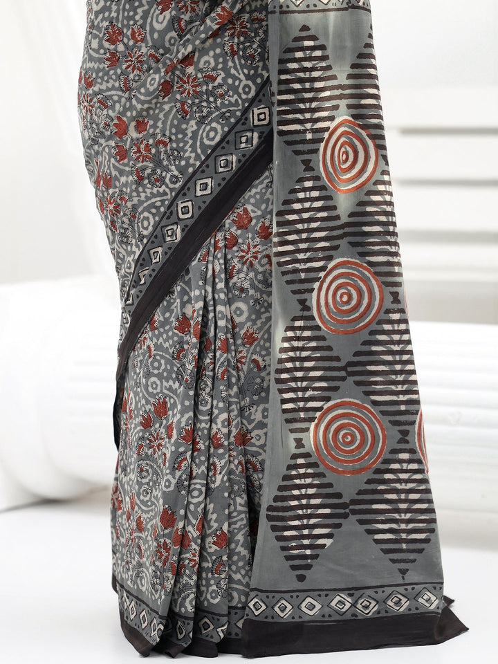 Charcoal Grey Swirl Printed Cotton Saree
